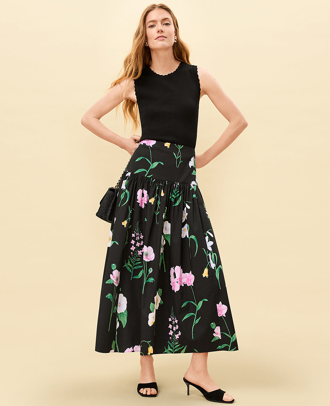 Ann Taylor Black Floral Gathered Maxi Skirt