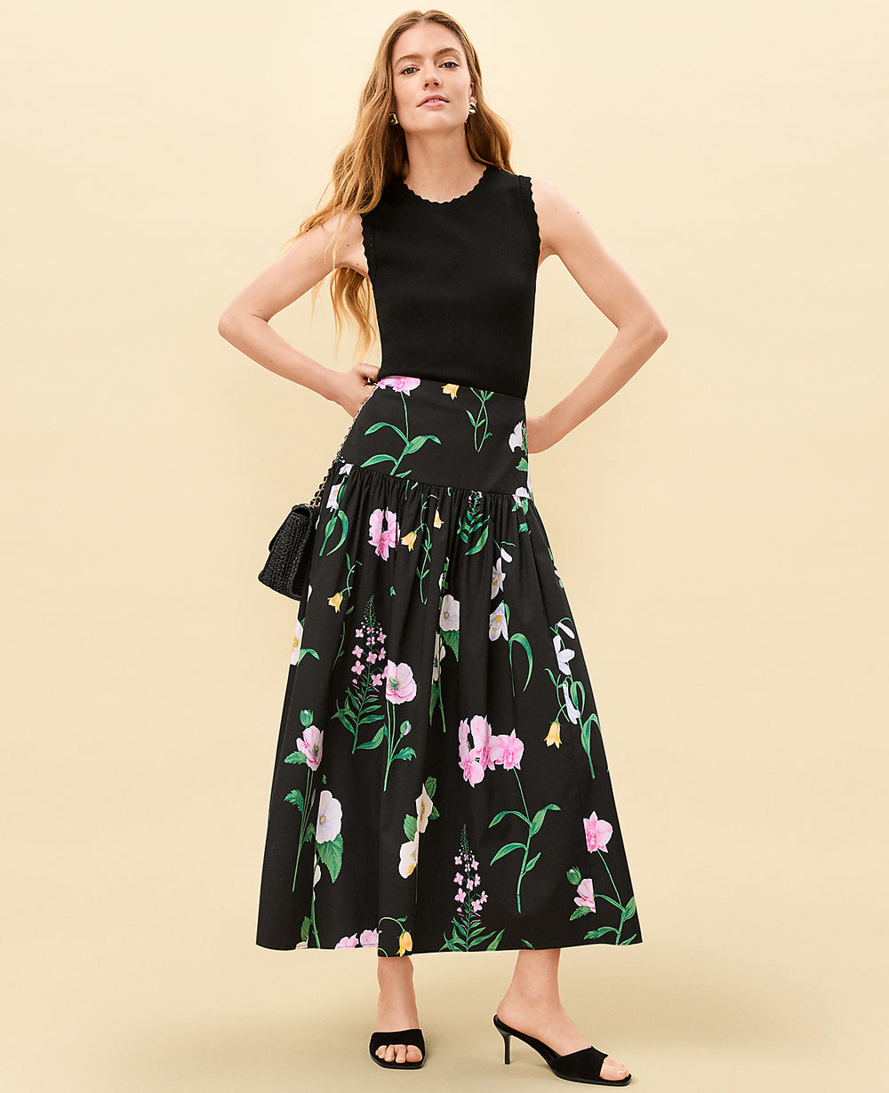 Ann Taylor Black Floral Gathered Maxi Skirt