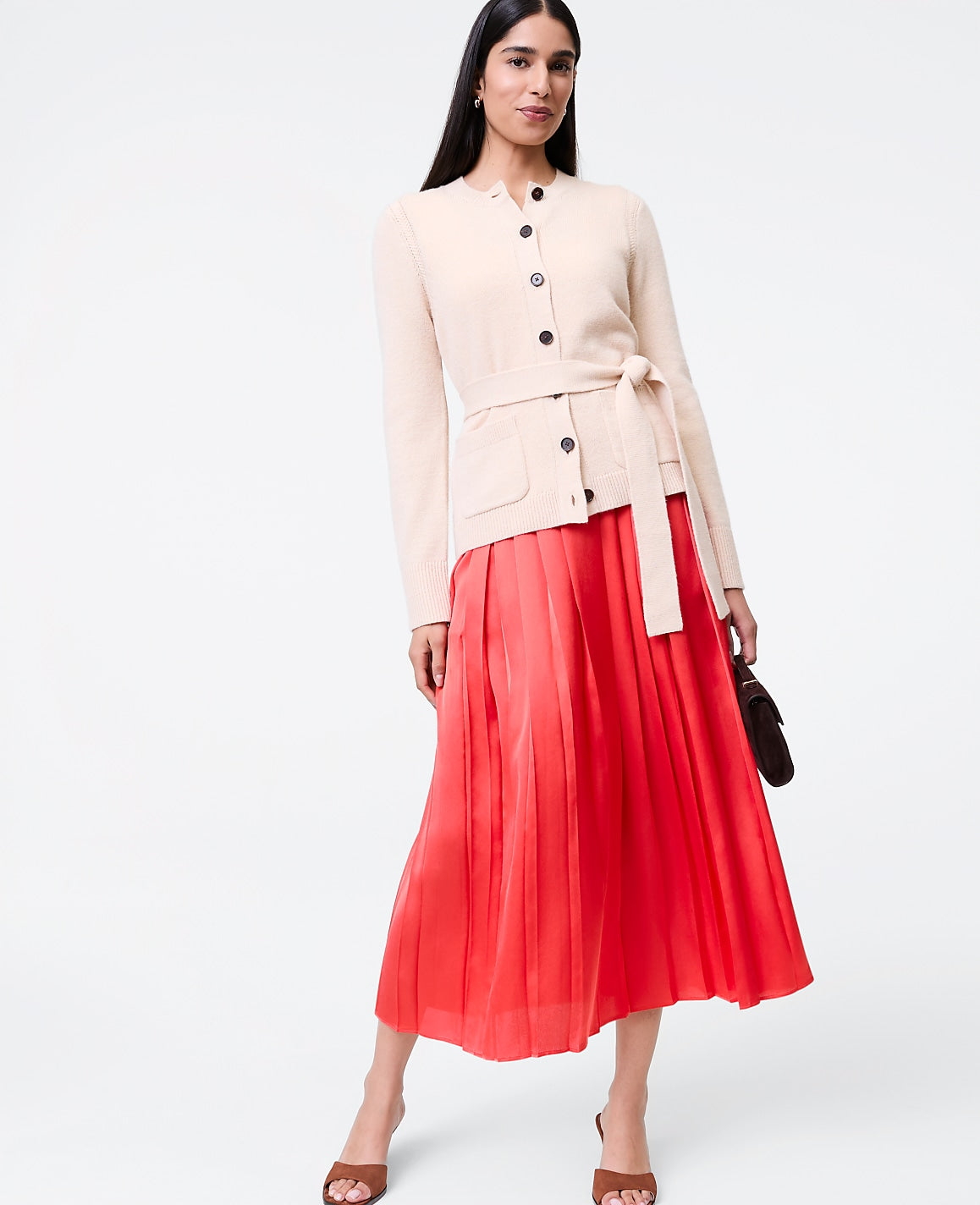 Ann Taylor Fiery Sunset Satin Pleated Midi Skirt