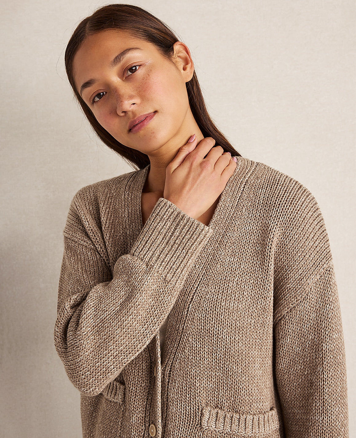 Ann Taylor Taupe Haven Well Within Organic Cotton Linen Plaited V-Neck Cardigan