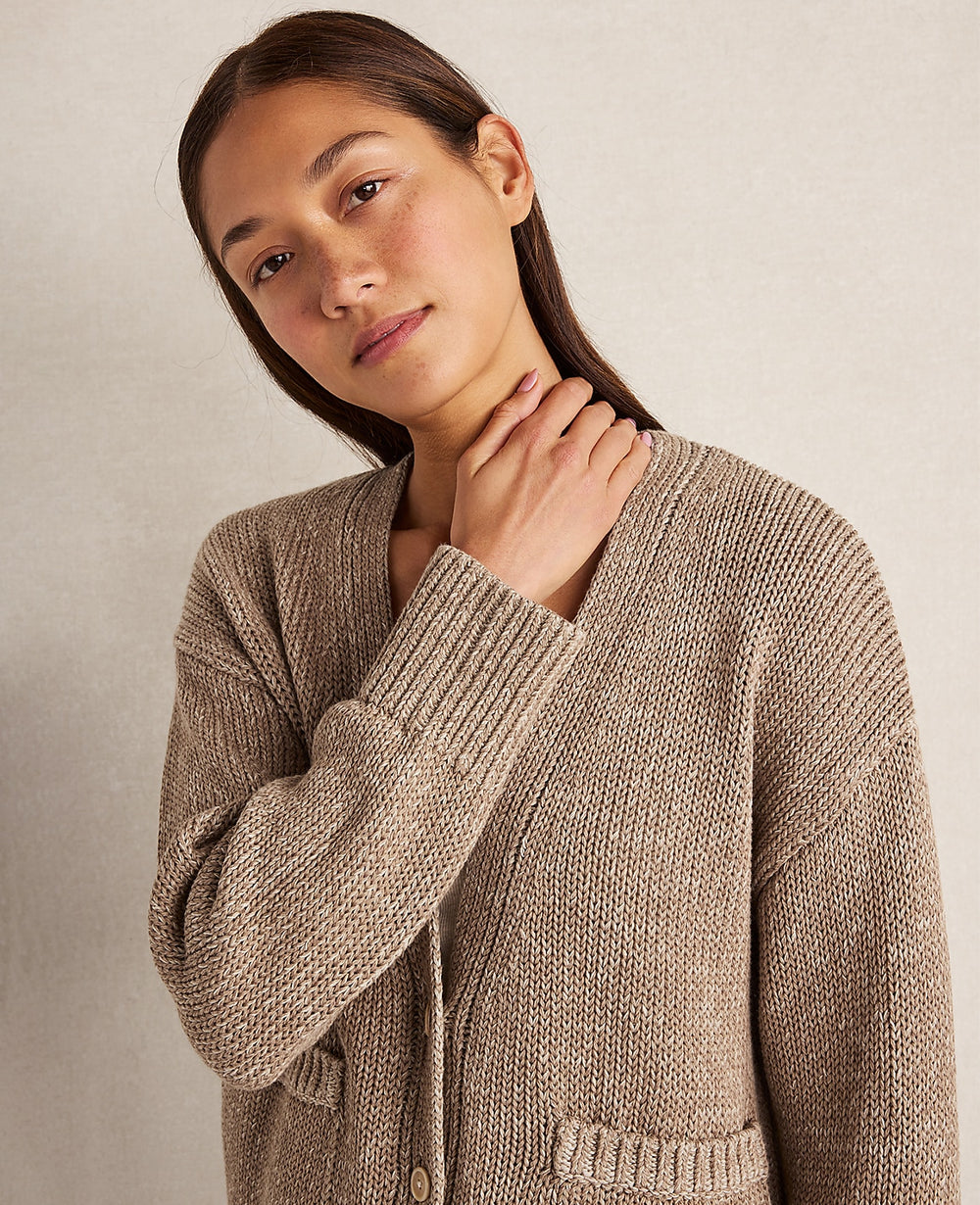 Ann Taylor Taupe Haven Well Within Organic Cotton Linen Plaited V-Neck Cardigan