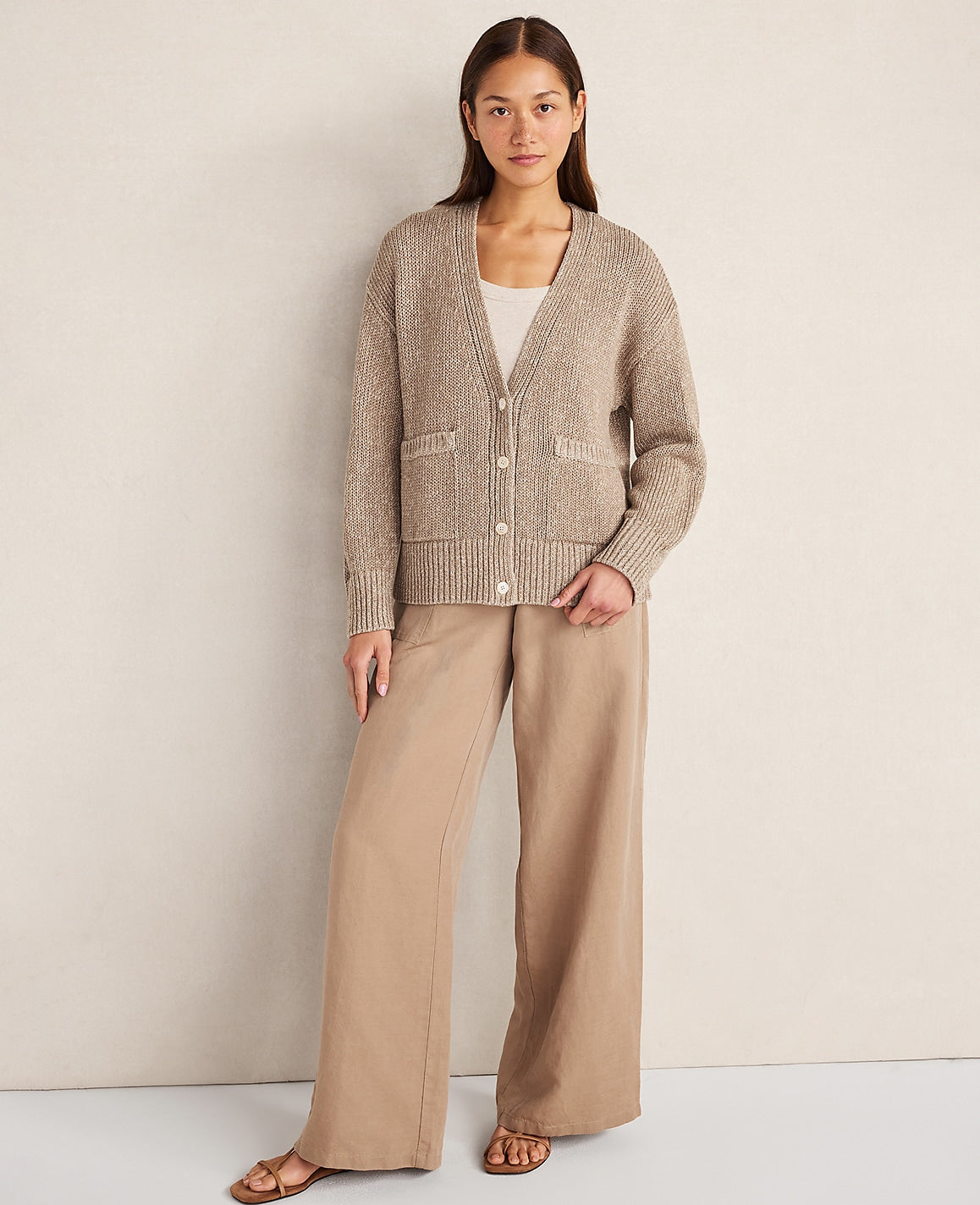 Ann Taylor Taupe Haven Well Within Organic Cotton Linen Plaited V-Neck Cardigan