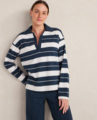 Ann Taylor Twilight Wash Haven Well Within Organic Cotton Interlock Stripe Johnny Collar Top