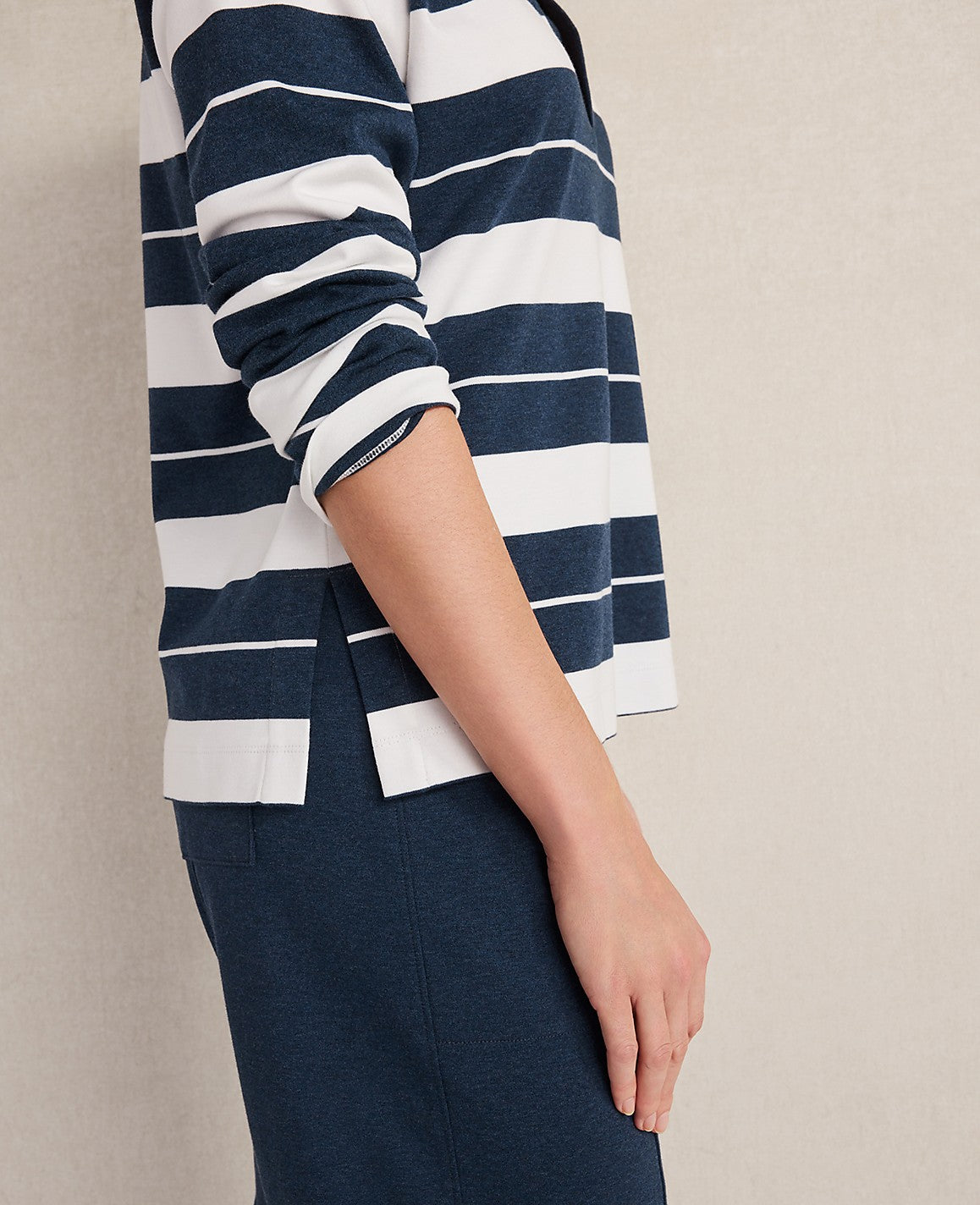 Ann Taylor Twilight Wash Haven Well Within Organic Cotton Interlock Stripe Johnny Collar Top