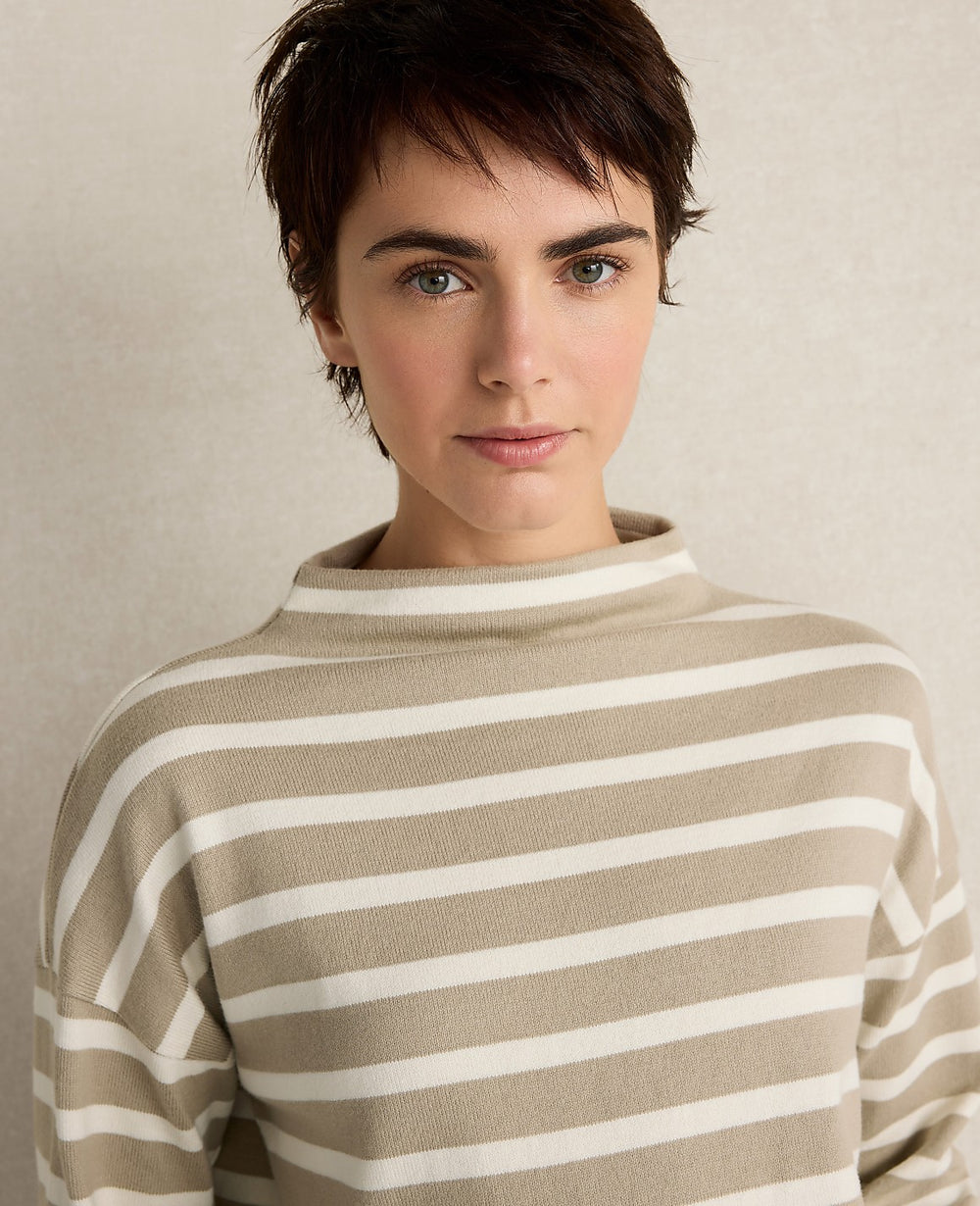 Ann Taylor Taupe Haven Well Within Organic Cotton Funnel Neck Striped Pullover