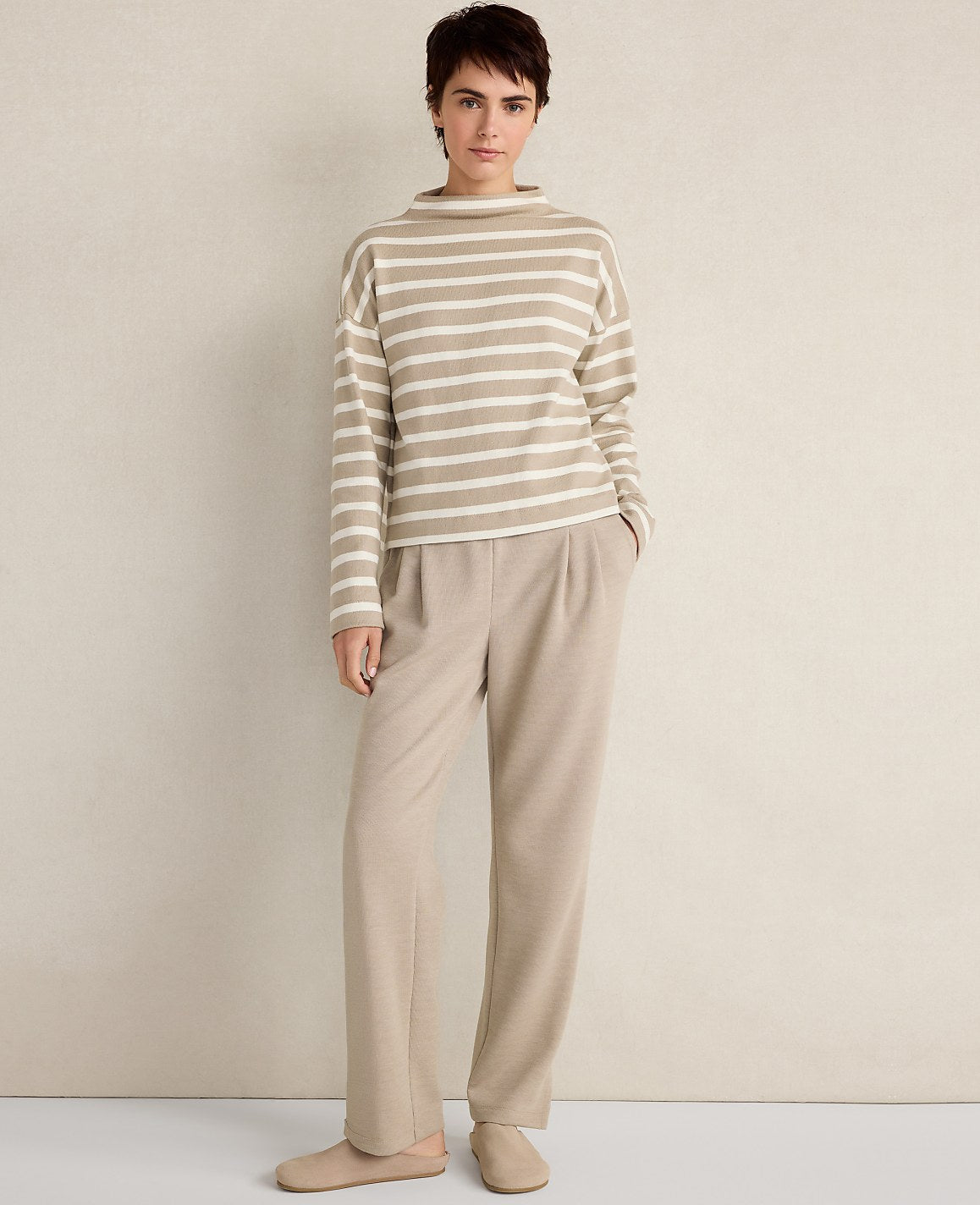 Ann Taylor Taupe Haven Well Within Organic Cotton Funnel Neck Striped Pullover