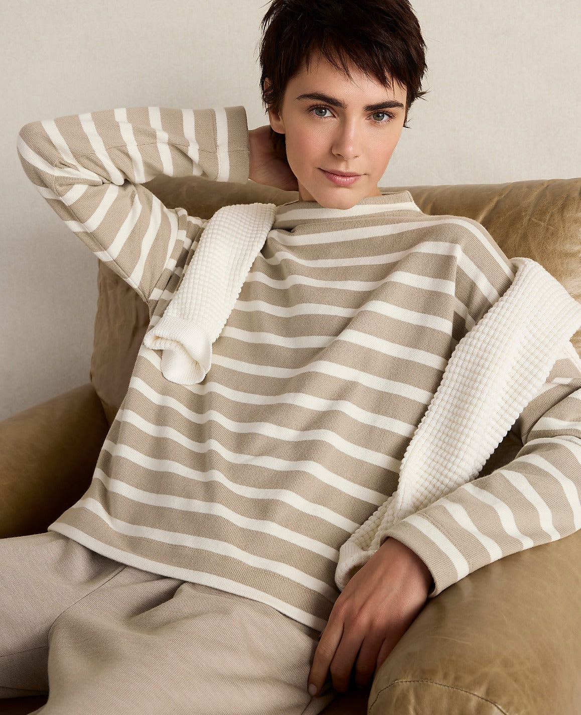Ann Taylor Taupe Haven Well Within Organic Cotton Funnel Neck Striped Pullover