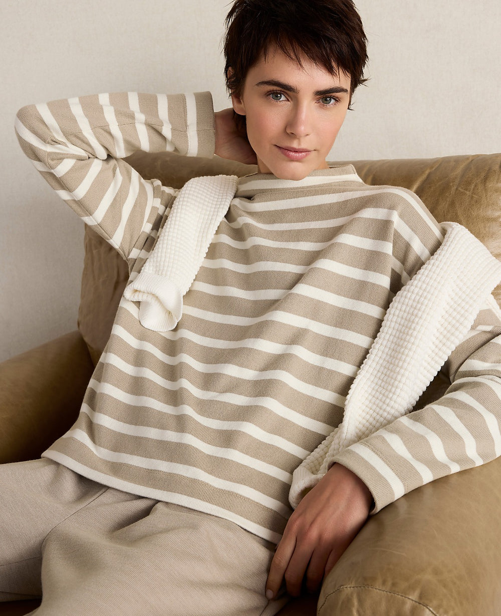 Ann Taylor Taupe Haven Well Within Organic Cotton Funnel Neck Striped Pullover