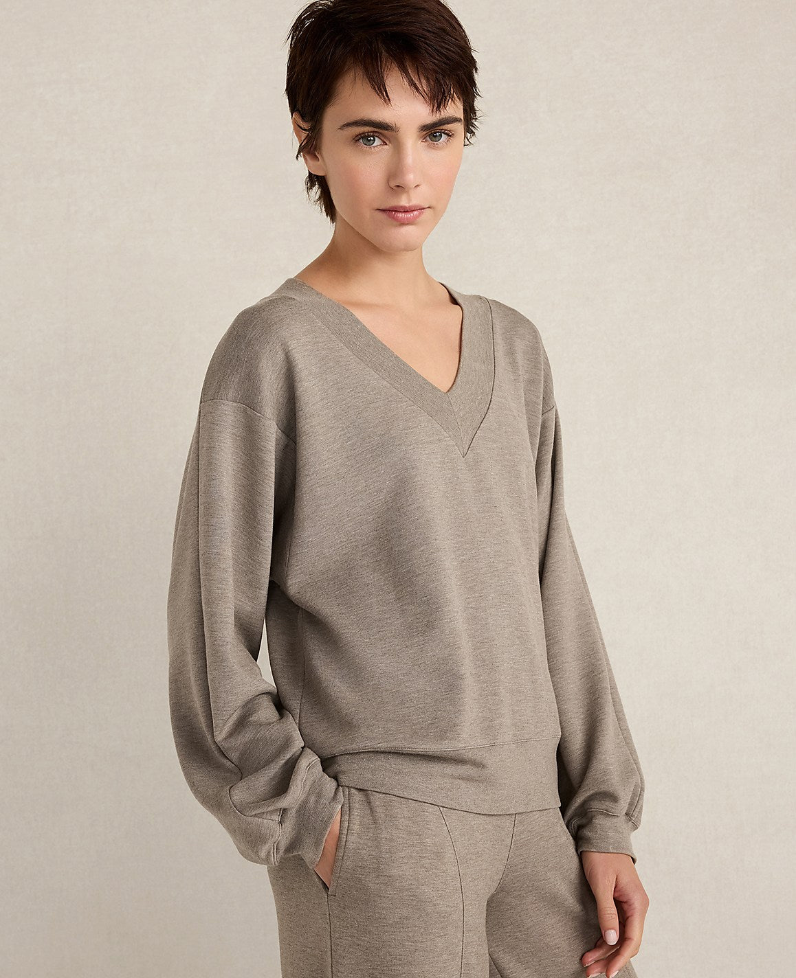 Ann Taylor Forest Brown Heather Haven Well Within Soft Knit V-Neck Top