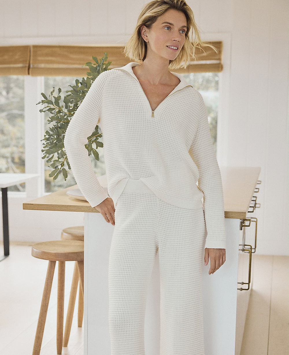 Ann Taylor Ivory Haven Well Within Organic Cotton Cashmere Waffle Wide Leg Pants