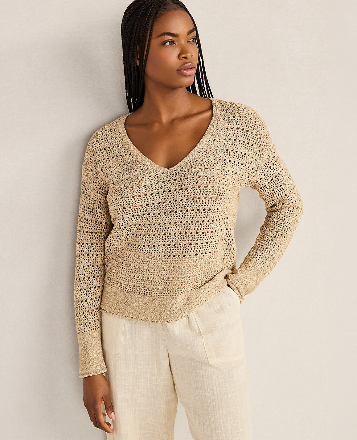 Ann Taylor Farro Haven Well Within Textured Cotton V-Neck Sweater