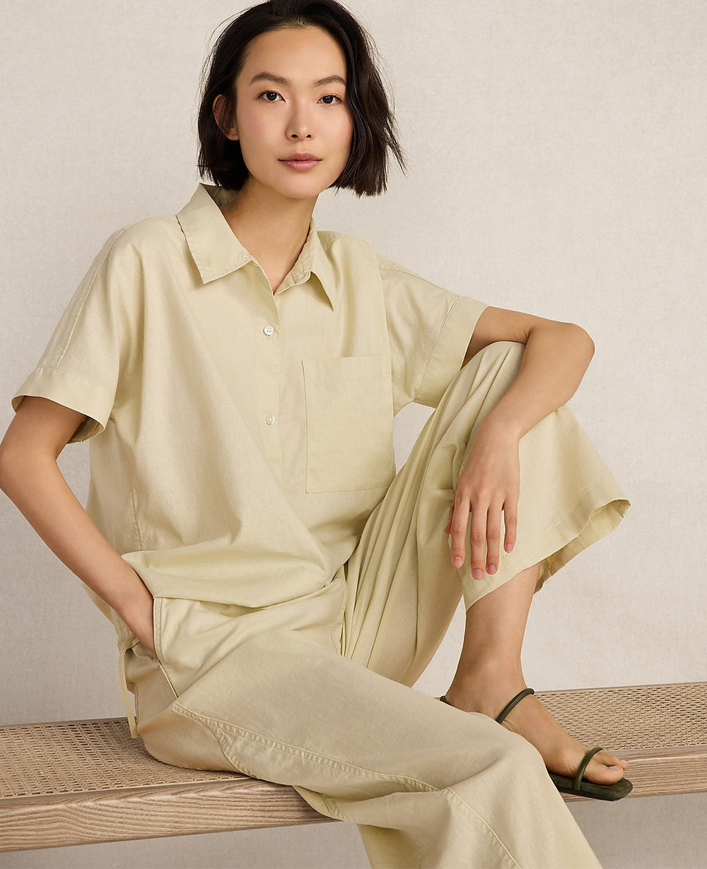 Ann Taylor Soft Spring Green Haven Well Within Organic Cotton Linen Button-Down Top
