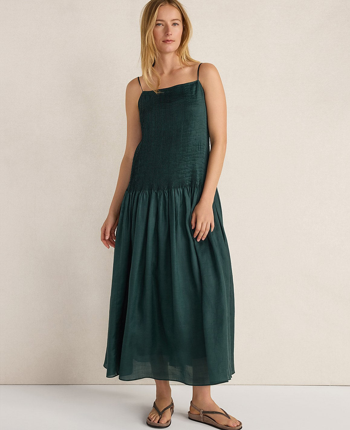 Ann Taylor Deep Turquoise Haven Well Within Ramie Blend Pleated Maxi Dress