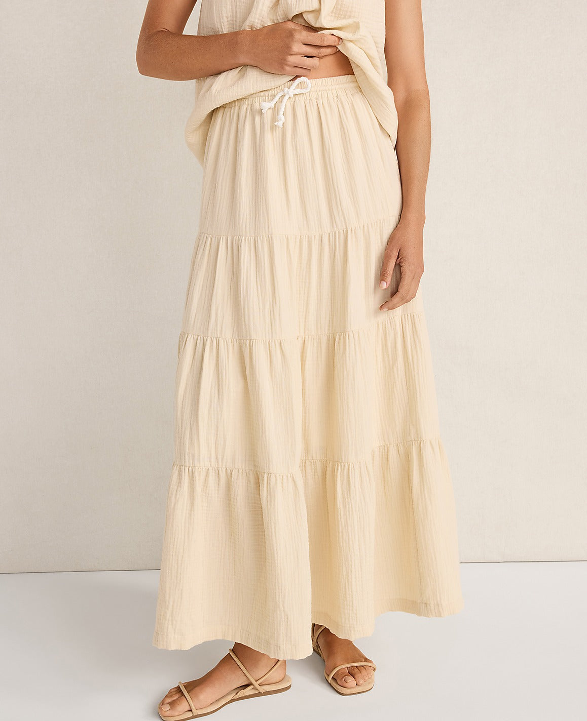 Ann Taylor Beige Haven Well Within Organic Cotton Gauze Tiered Maxi Skirt