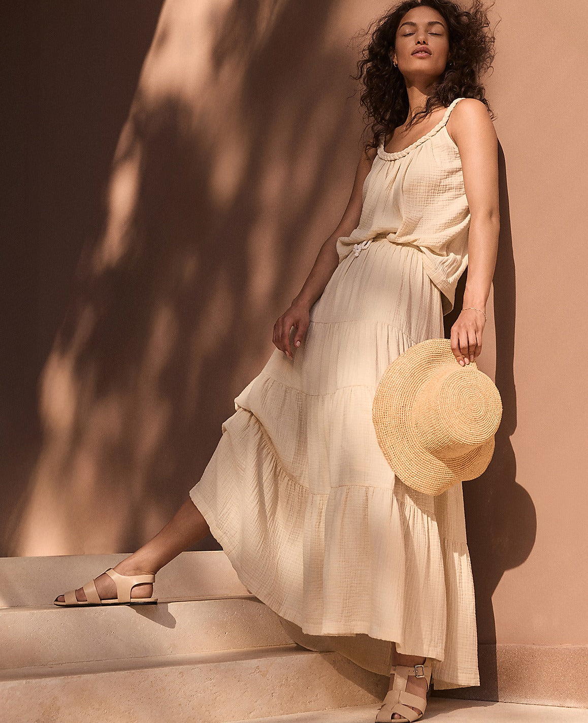 Ann Taylor Beige Haven Well Within Organic Cotton Gauze Tiered Maxi Skirt