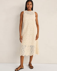 Ann Taylor Natural Haven Well Within Cotton Crochet Scalloped Midi Dress