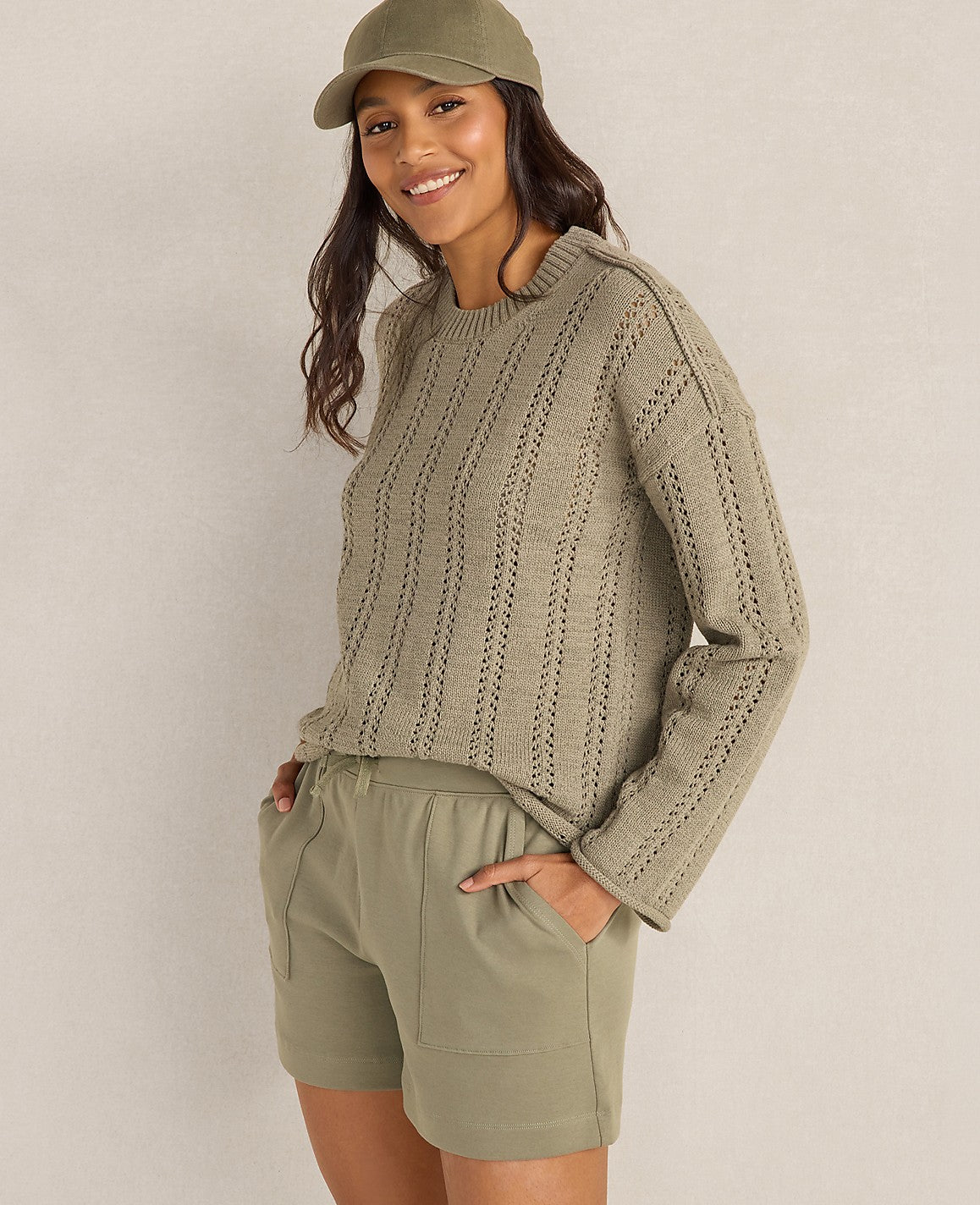 Ann Taylor Vetiver Haven Well Within Cotton Tape Yarn Vertical Stitch Sweater