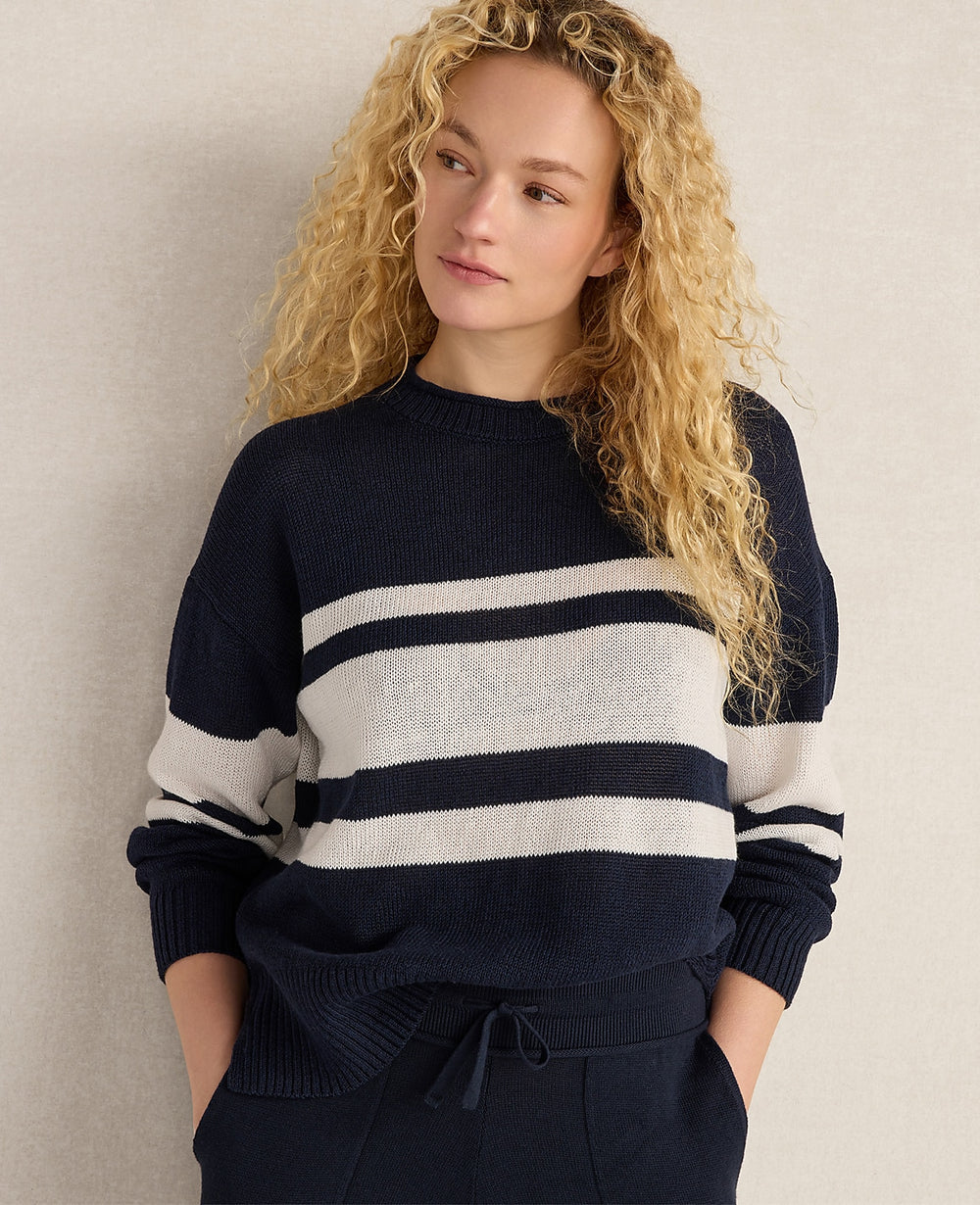 Ann Taylor Indigo Haven Well Within Cotton Linen Stripe Roll Neck Sweater