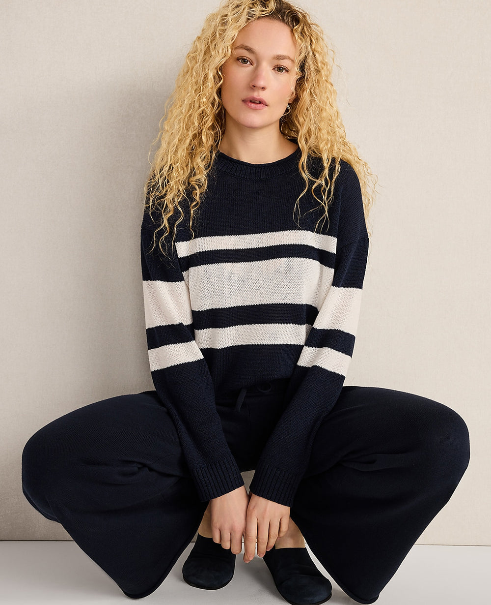 Ann Taylor Indigo Haven Well Within Cotton Linen Stripe Roll Neck Sweater