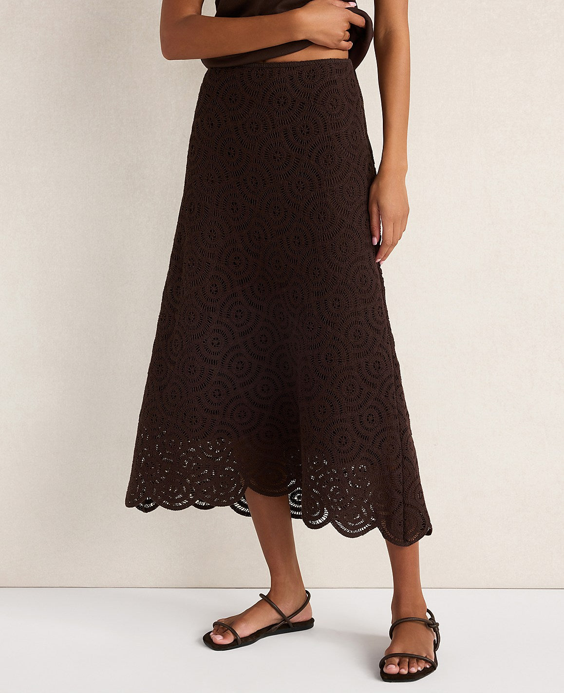 Ann Taylor Coffee Bean Haven Well Within Cotton Crochet Scalloped Midi Skirt