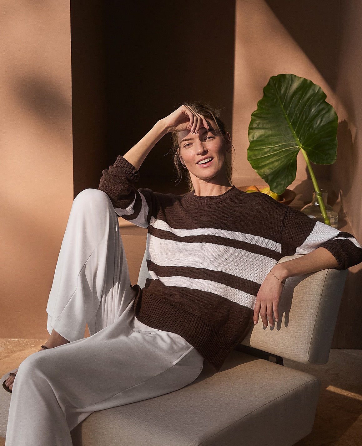 Ann Taylor White Haven Well Within Cotton Linen Stripe Roll Neck Sweater