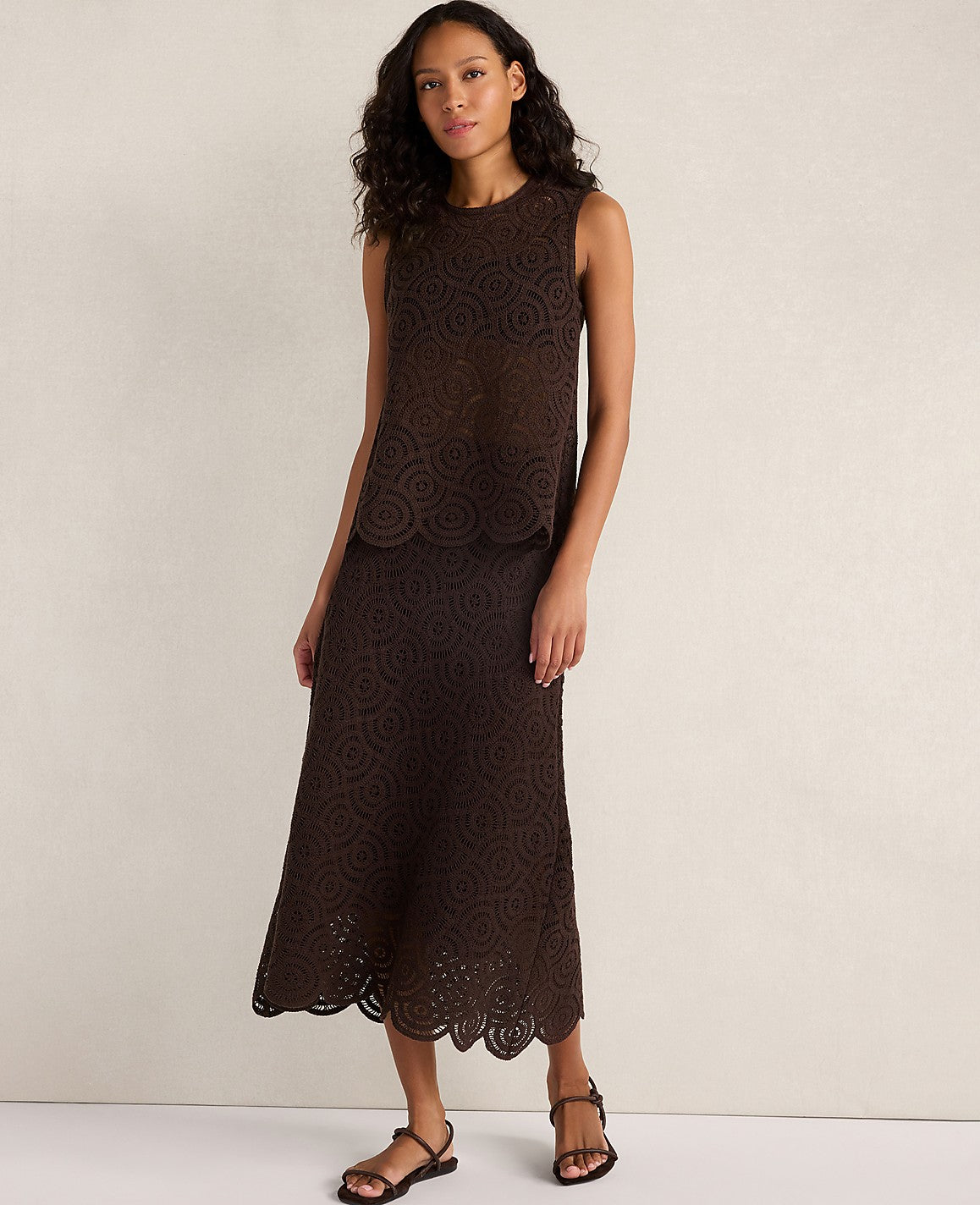 Ann Taylor Coffee Bean Haven Well Within Cotton Crochet Scalloped Tank