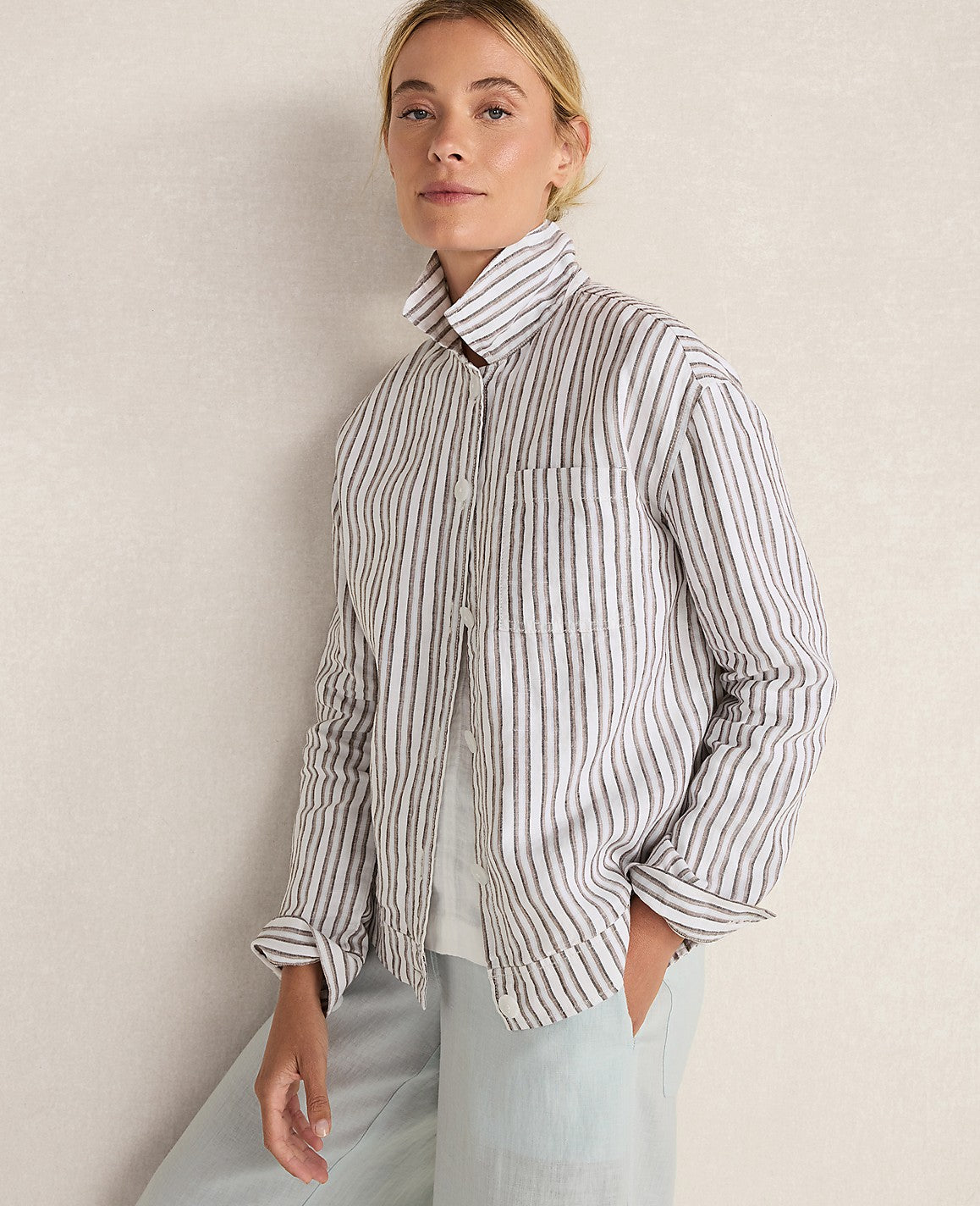 Ann Taylor Fresh Coffee Haven Well Within Everweave Linen Stripe Boxy Jacket