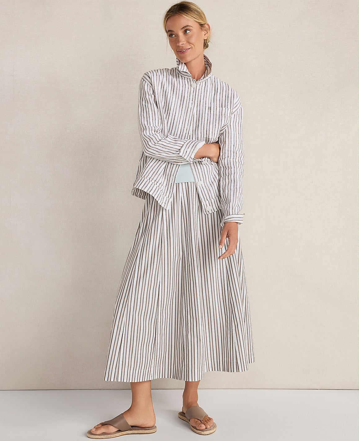 Ann Taylor Fresh Coffee Haven Well Within Organic Cotton Poplin Stripe Drop Waist Skirt