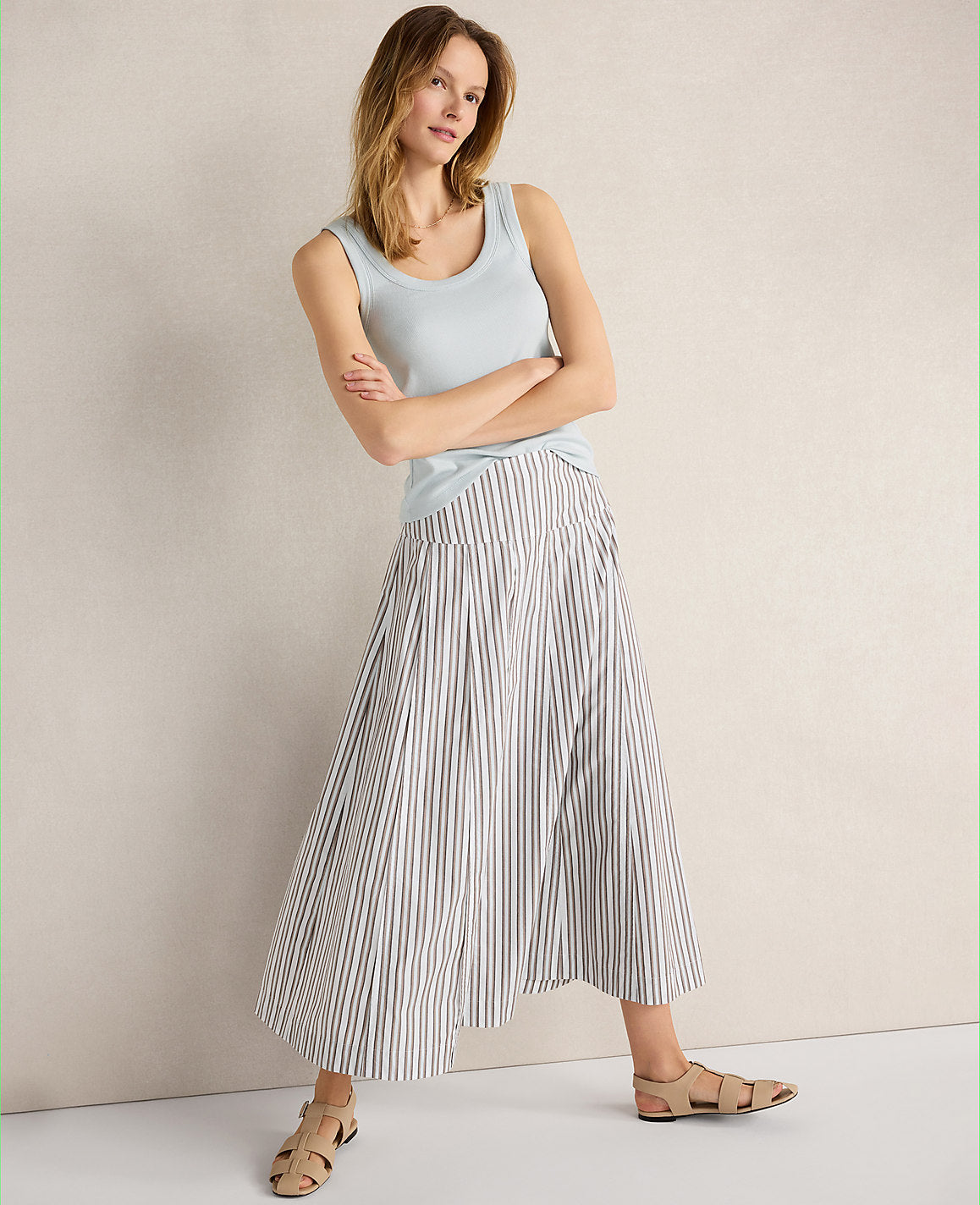 Ann Taylor Fresh Coffee Haven Well Within Organic Cotton Poplin Stripe Drop Waist Skirt
