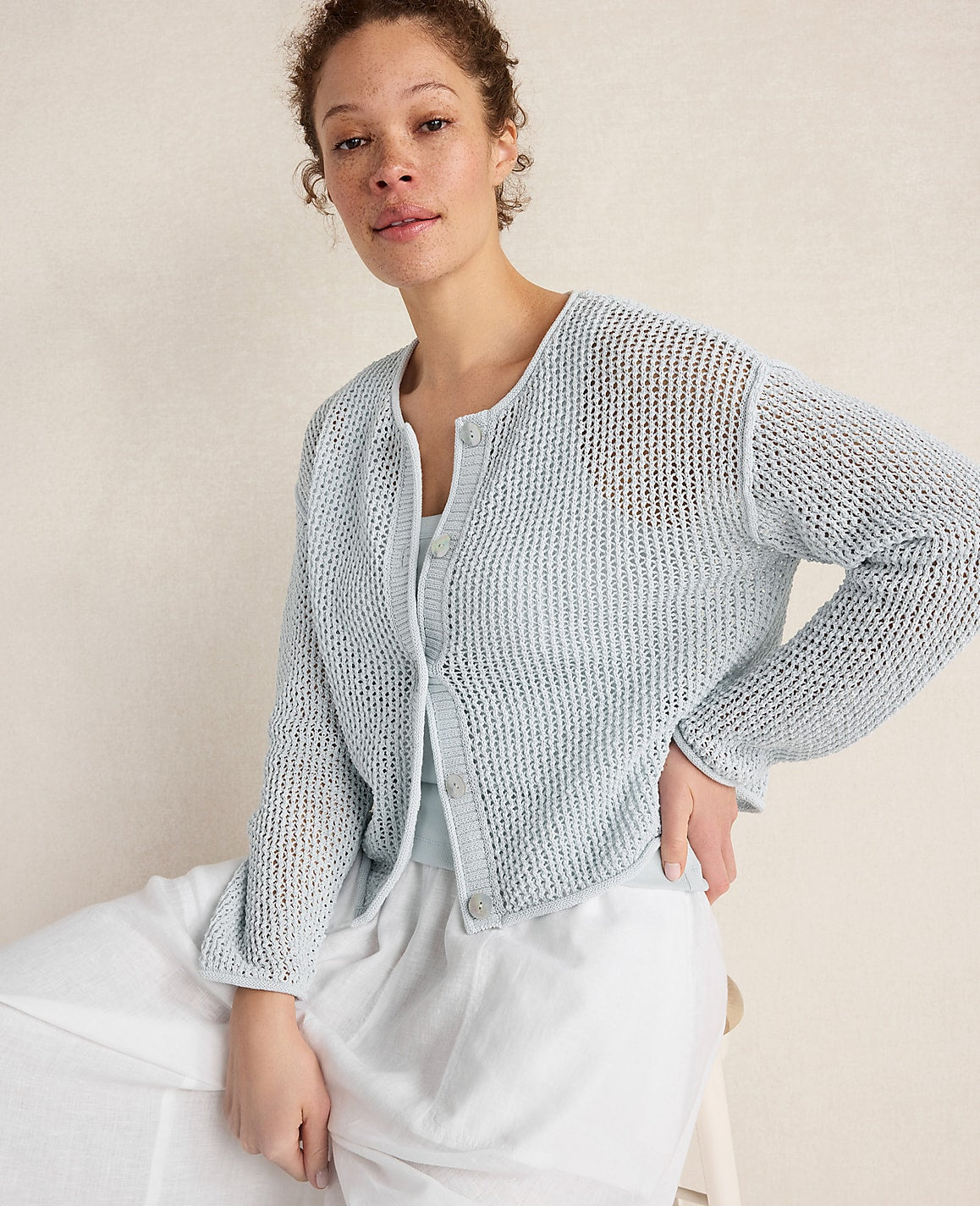 Ann Taylor Ice Blue Haven Well Within Cotton Blend Open Stitch Cardigan