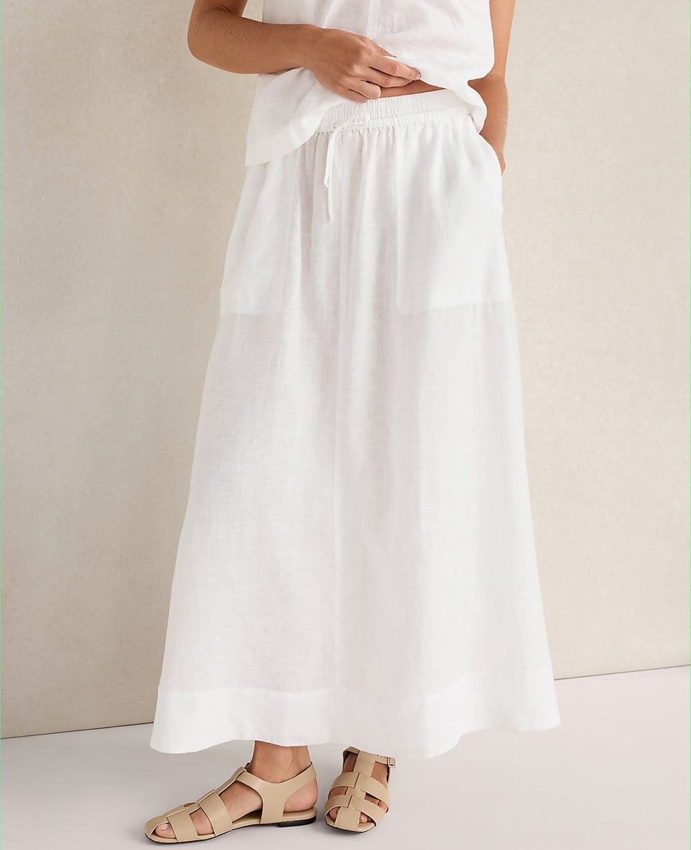 Ann Taylor White Haven Well Within Linen Drawstring Midi Skirt