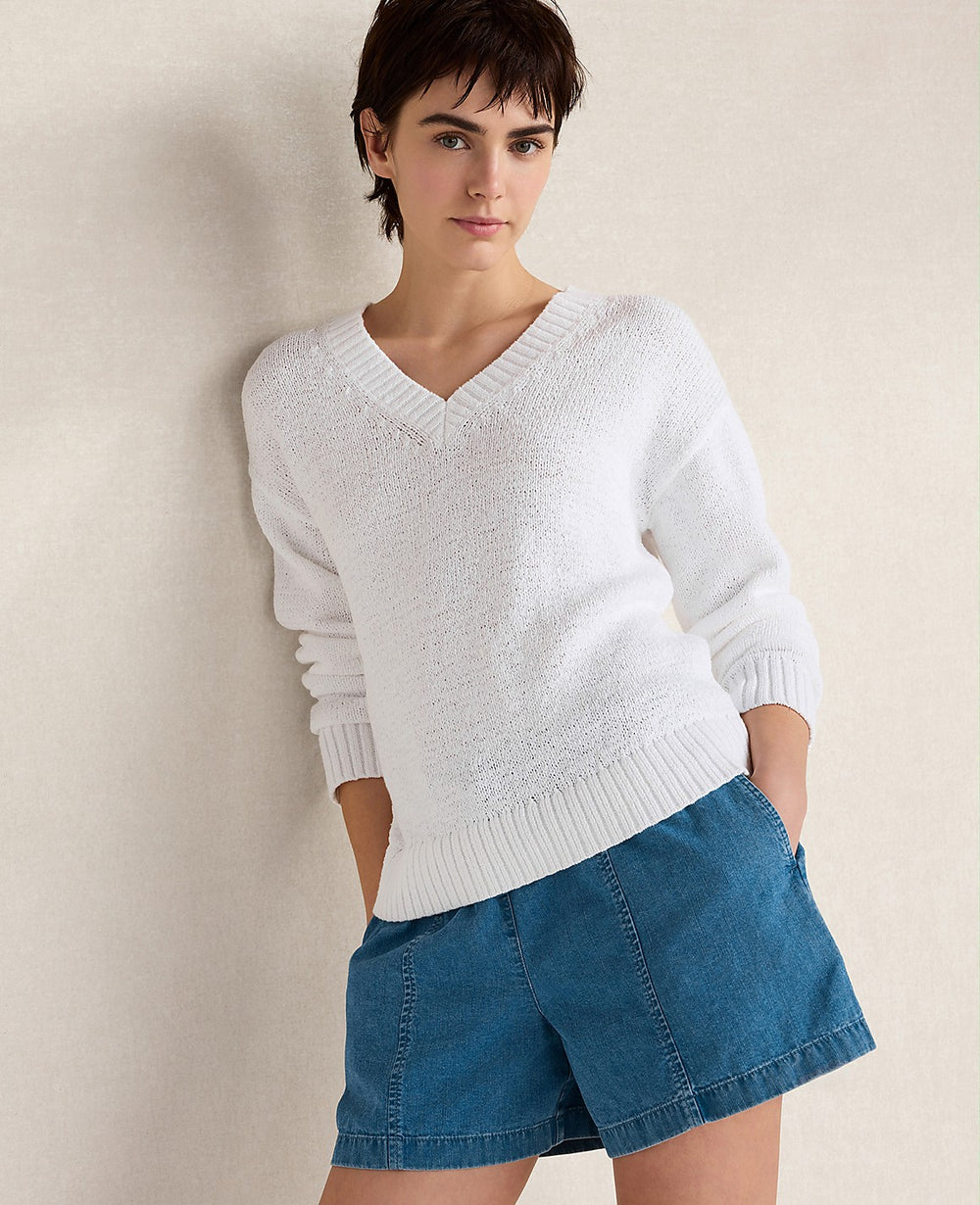 Ann Taylor White Haven Well Within Cotton Blend Tape Yarn V-Neck Sweater