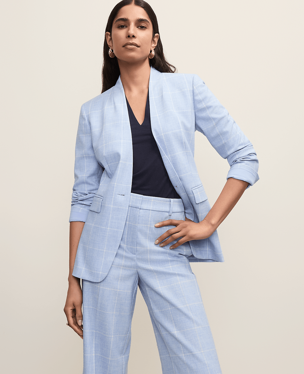 Ann Taylor Blue/Neutral The Collarless Belted Blazer in Windowpane