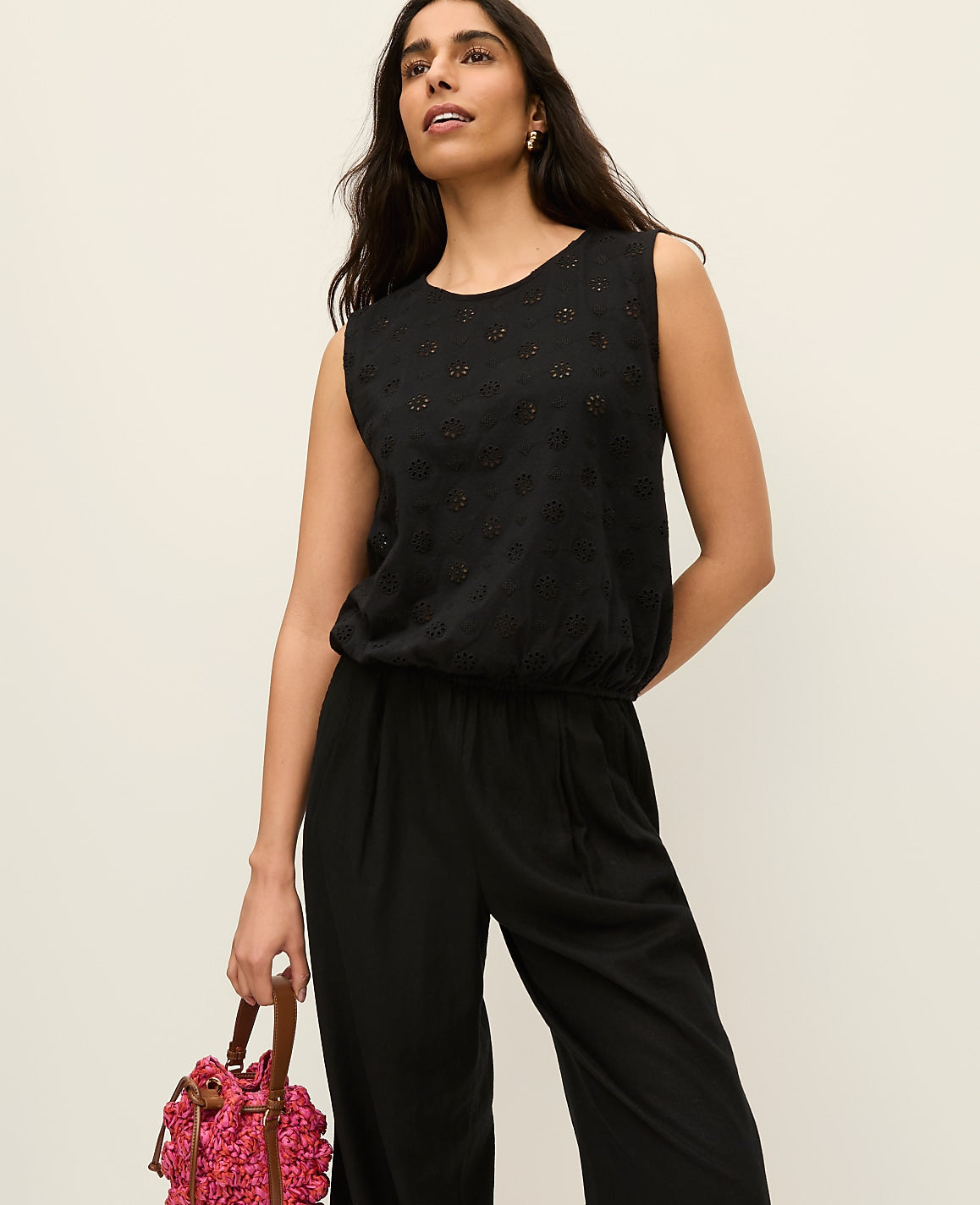 Ann Taylor Black Eyelet Bubble Hem Top