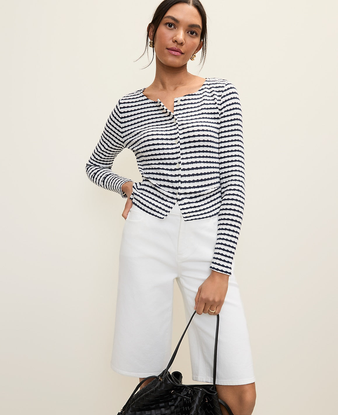 Ann Taylor Deep Navy/White Weekend Pointelle Cardigan