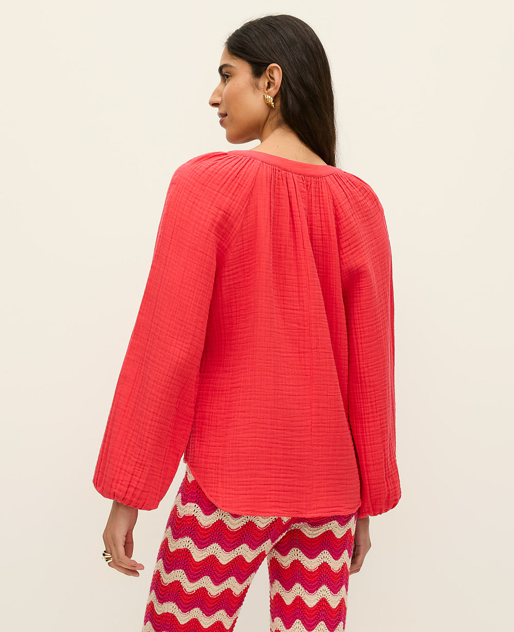 Ann Taylor Smoldering Red Cotton Gauze Split Neck Blouse