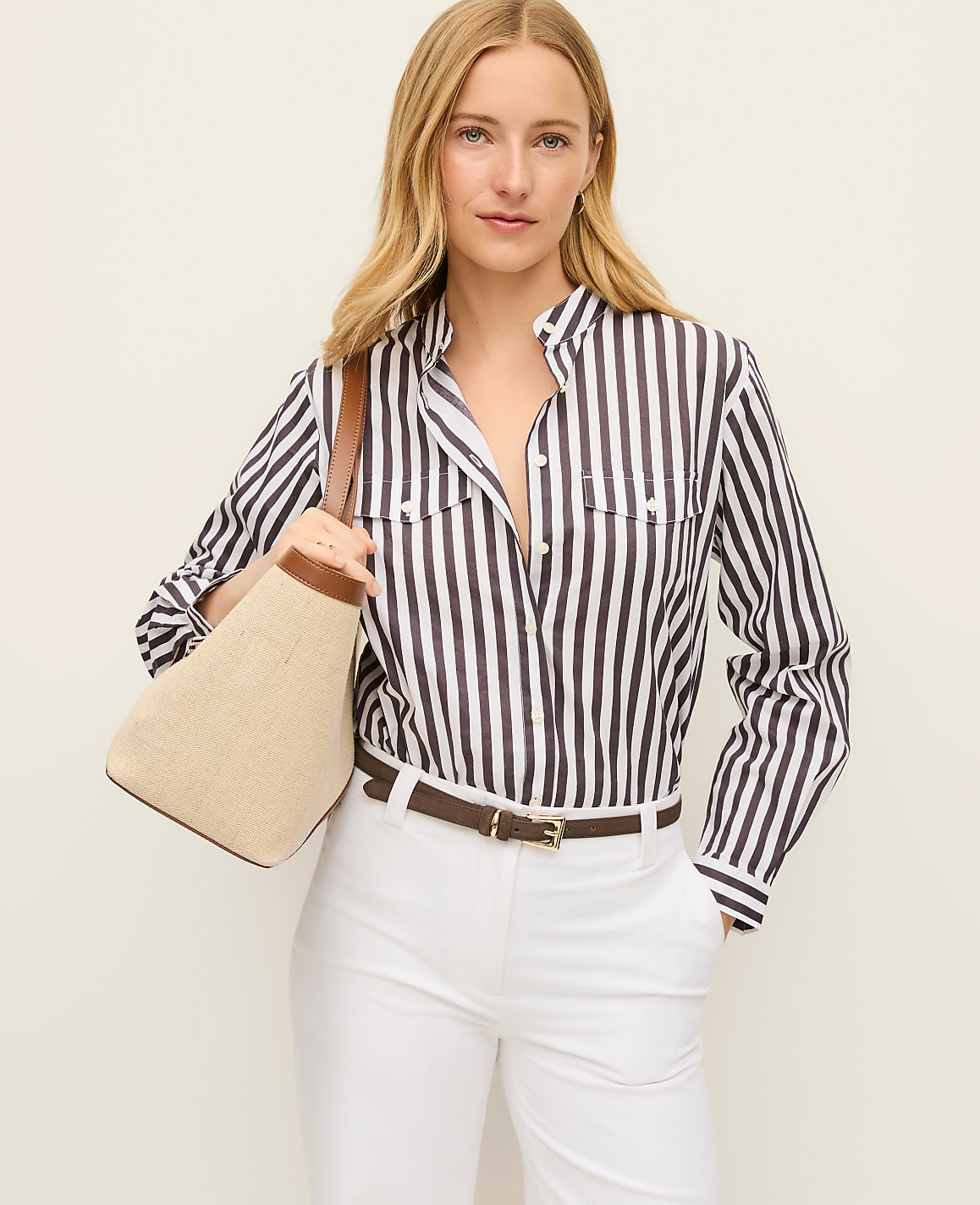 Ann Taylor Charcoal/White Striped Oversized Pocket Shirt