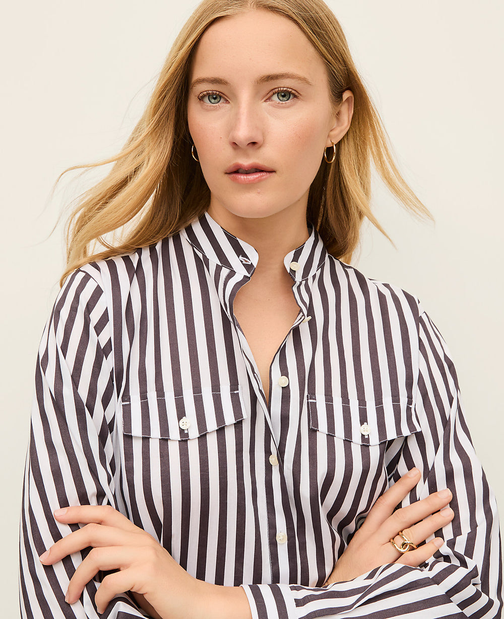 Ann Taylor Charcoal/White Striped Oversized Pocket Shirt