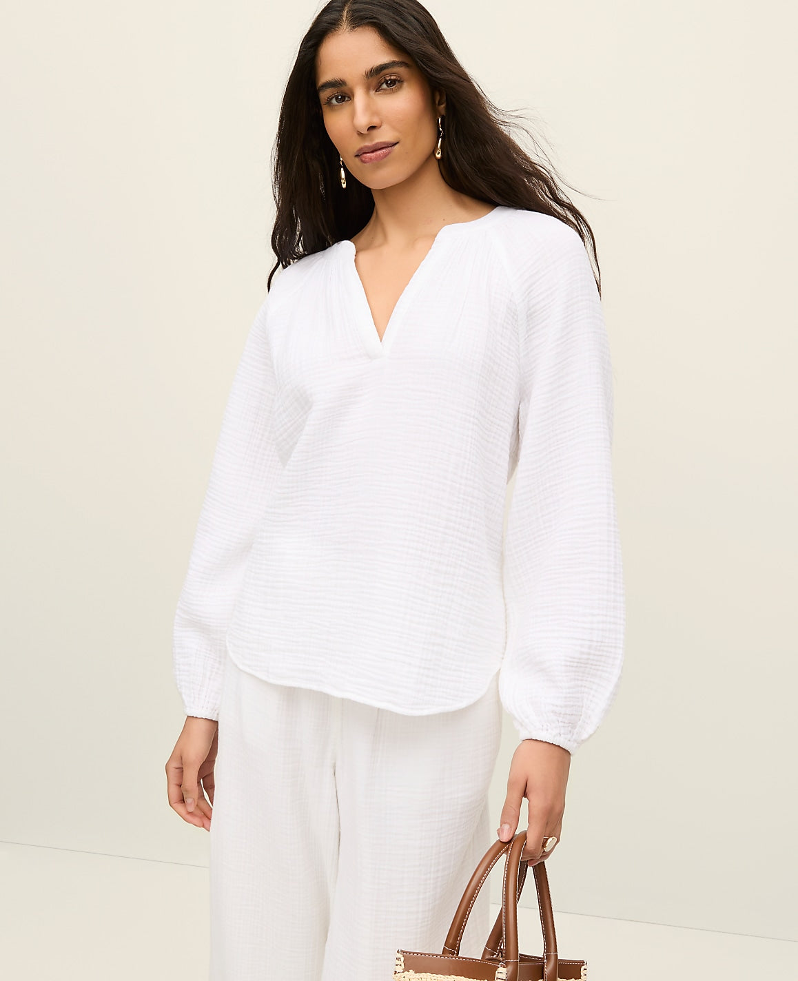 Ann Taylor White Cotton Gauze Split Neck Blouse