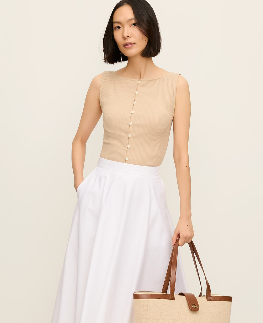 Ann Taylor Cool Sesame Ribbed Sleeveless Button Top
