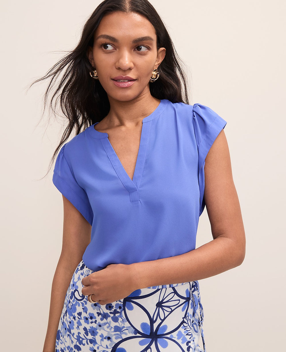 Ann Taylor Dream Blue Mixed Media Flutter Sleeve Top
