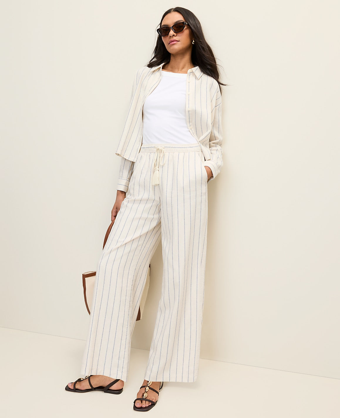 Ann Taylor Ocean Oasis Weekend Striped Easy Fit Wide-Leg Pant in Linen Blend