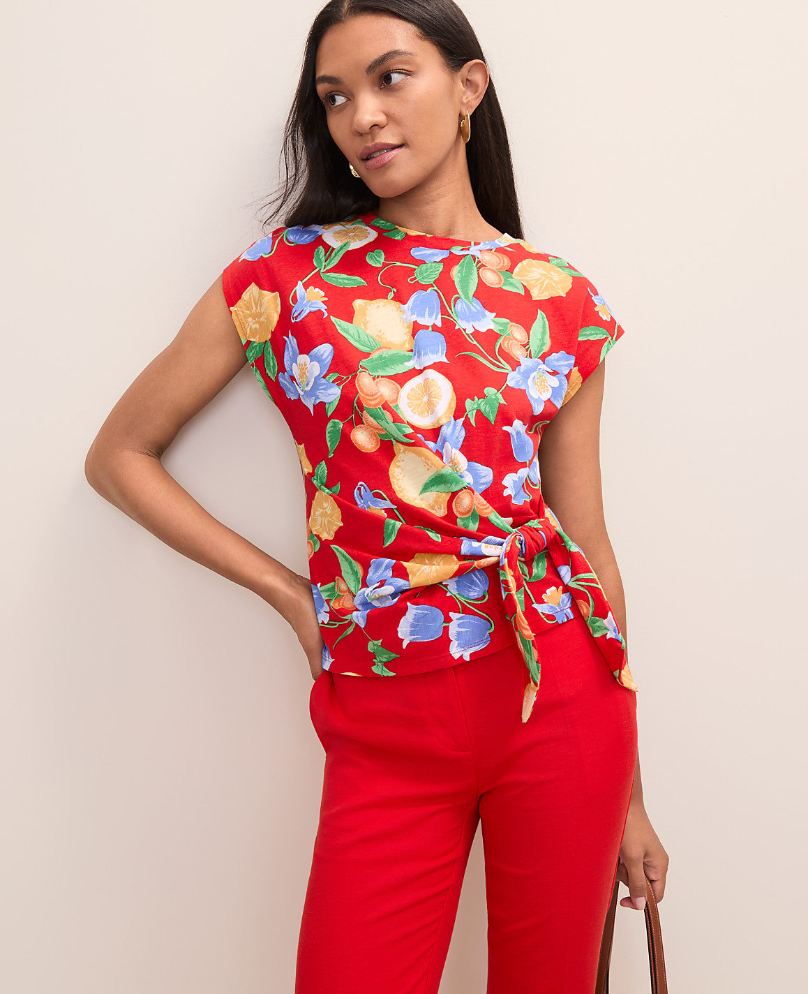 Ann Taylor Bright Cherry B Petite Floral Tie Waist Tee