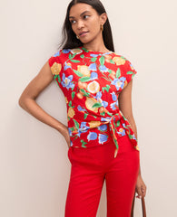 Ann Taylor Bright Cherry B Petite Floral Tie Waist Tee