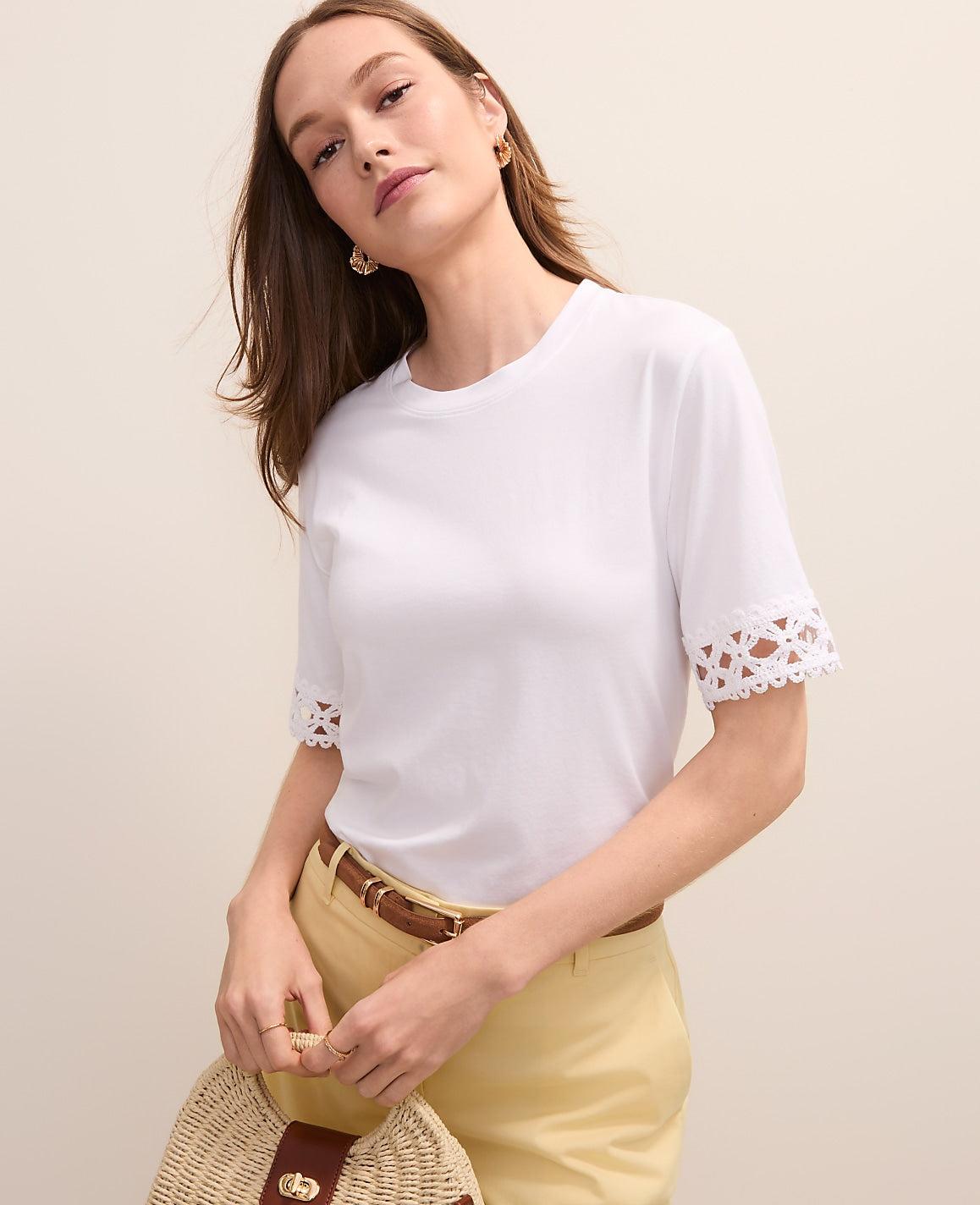 Ann Taylor White Petite Crochet Trim Relaxed Tee