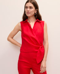 Ann Taylor Bright Cherry Petite Tie Waist Blouse in Linen