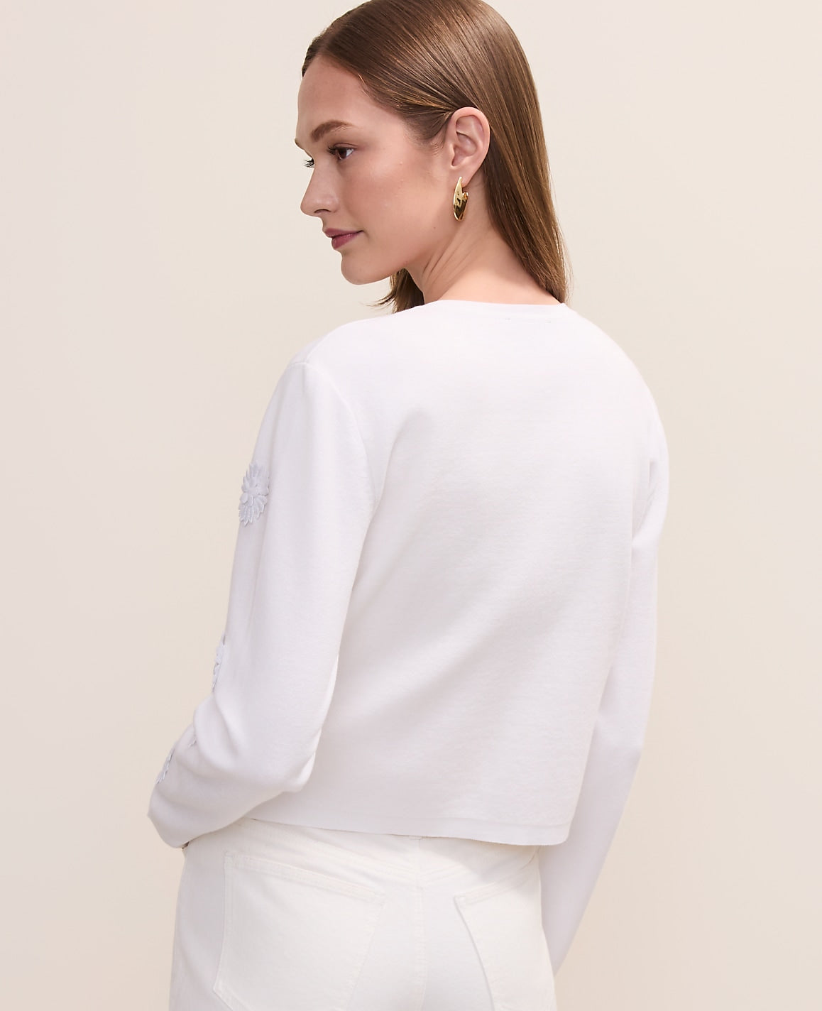 Ann Taylor White Petite Floral Appliqué Cardigan