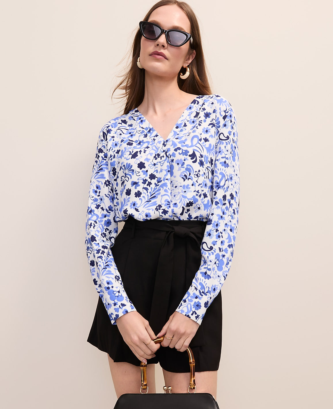 Ann Taylor Winter White - Pure Ink Petite Paisley Mixed Media Pleat Front Top