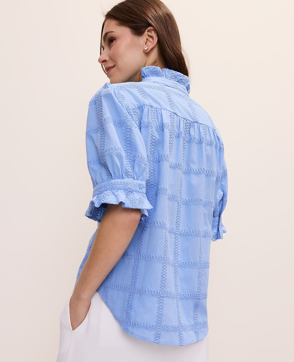 Ann Taylor Vista Blue Petite Crochet Ruffle Collar Blouse