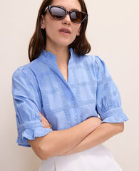 Ann Taylor Vista Blue Petite Crochet Ruffle Collar Blouse